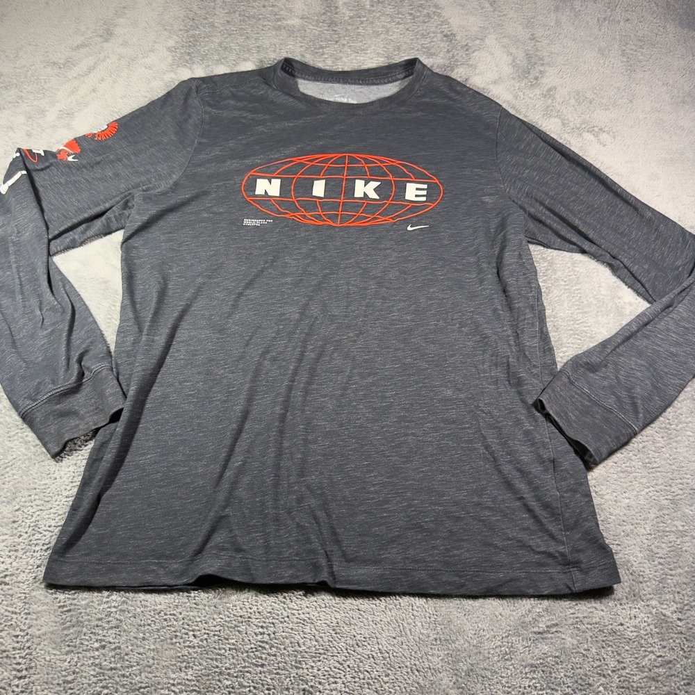 Nike Dri-FIT Long Sleeve Graphic Tee Gray Red Globe Logo Mens Large